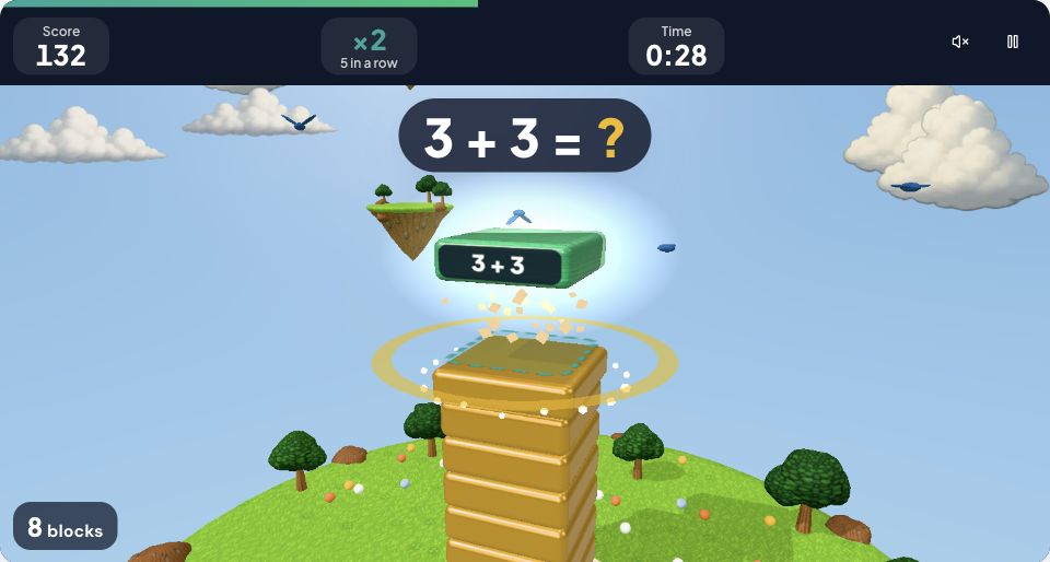 Stack It: answer 3 + 3 to add the next block to a growing tower.